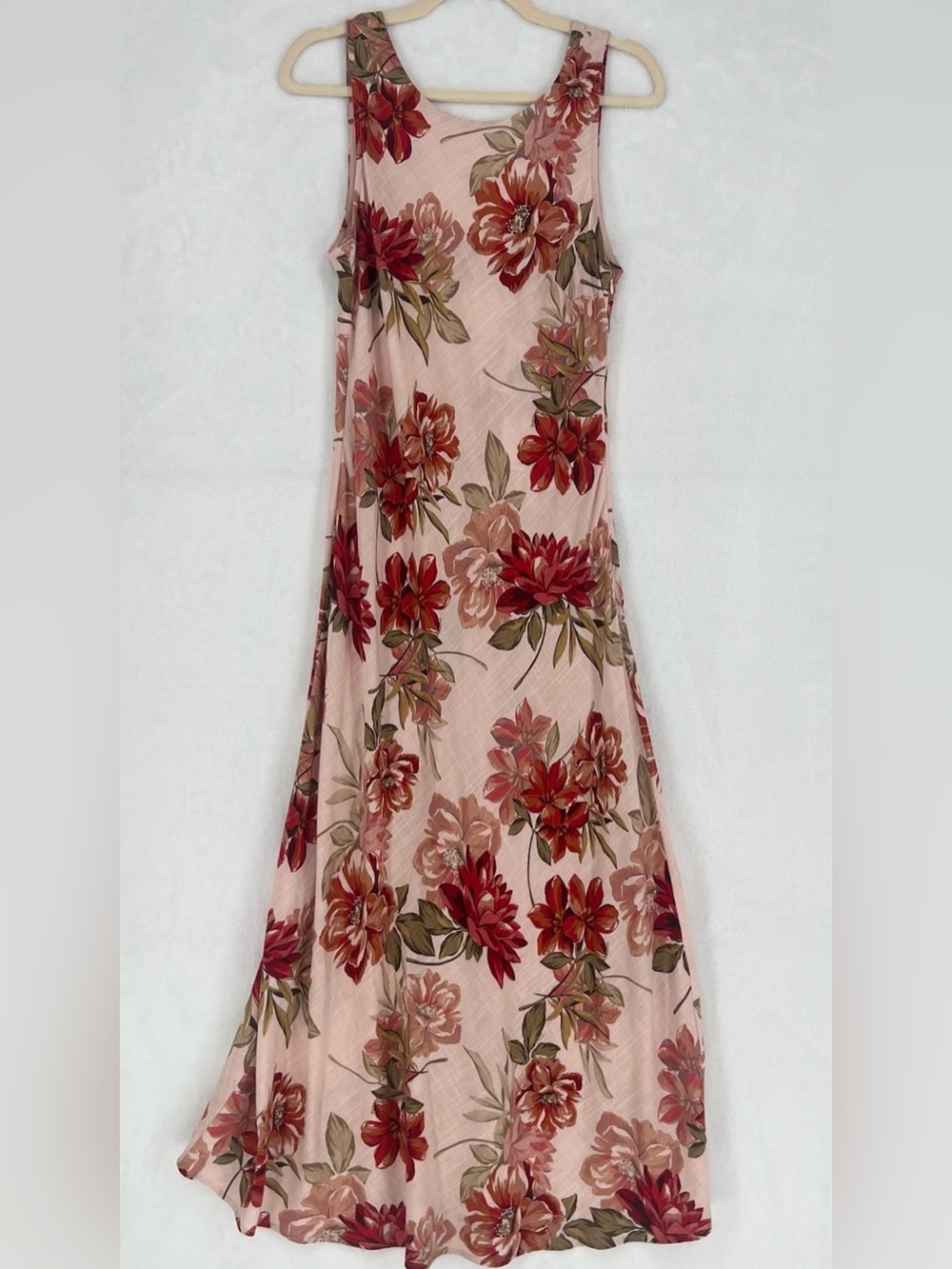 Paper Heart Floral Maxi Dress Sz L Pink Linen Blend Open Back Sleeveless Resort